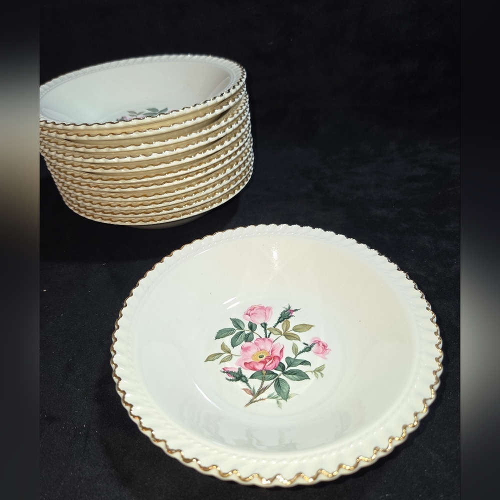 Cottage Core Vtg 22kt. Gold Rim Harker Pottery Company Wild Rose 6" Bowls